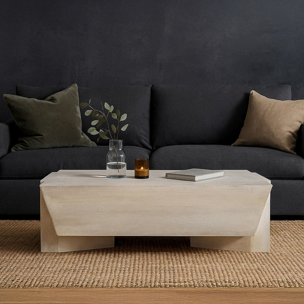 Joanie Coffee Table | 45" Rectangular Biscotti White Handcrafted Mango Wood | Solid Asymmetric Base - UPT-329070
