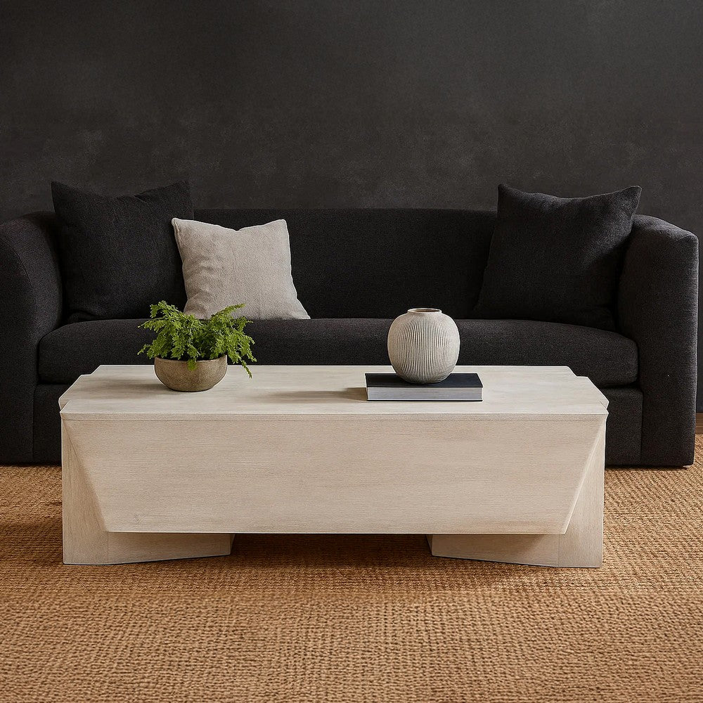 Joanie Coffee Table | 45" Rectangular Biscotti White Handcrafted Mango Wood | Solid Asymmetric Base - UPT-329070