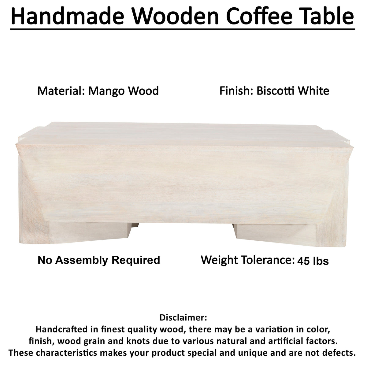 Joanie Coffee Table | 45" Rectangular Biscotti White Handcrafted Mango Wood | Solid Asymmetric Base - UPT-329070