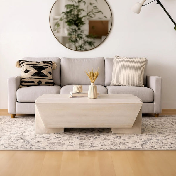 Joanie Coffee Table | 45" Rectangular Biscotti White Handcrafted Mango Wood | Solid Asymmetric Base - UPT-329070