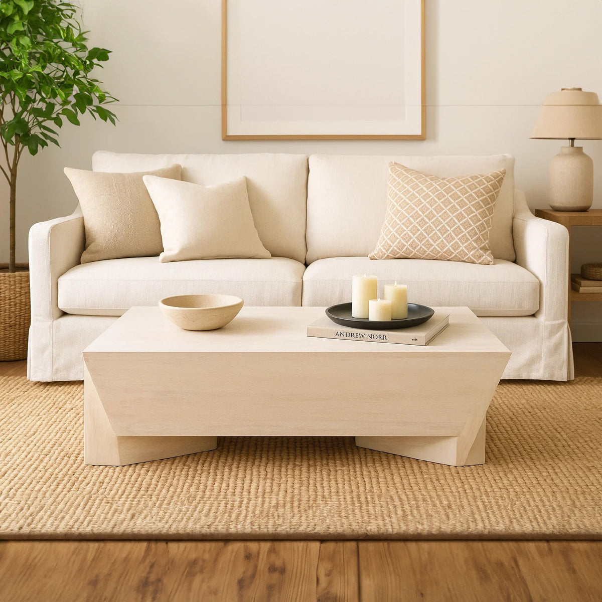 Joanie Coffee Table | 45" Rectangular Biscotti White Handcrafted Mango Wood | Solid Asymmetric Base - UPT-329070