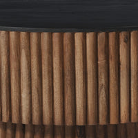 Montoya Coffee Table | 34" Round Black Top | Brown Mango Wood Fluted Plinth Base - UPT-329071