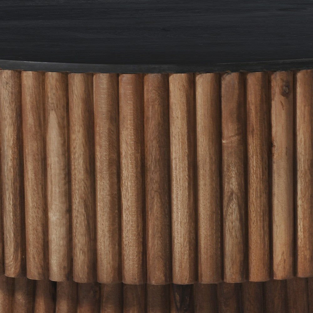 Montoya Coffee Table | 34" Round Black Top | Brown Mango Wood Fluted Plinth Base - UPT-329071