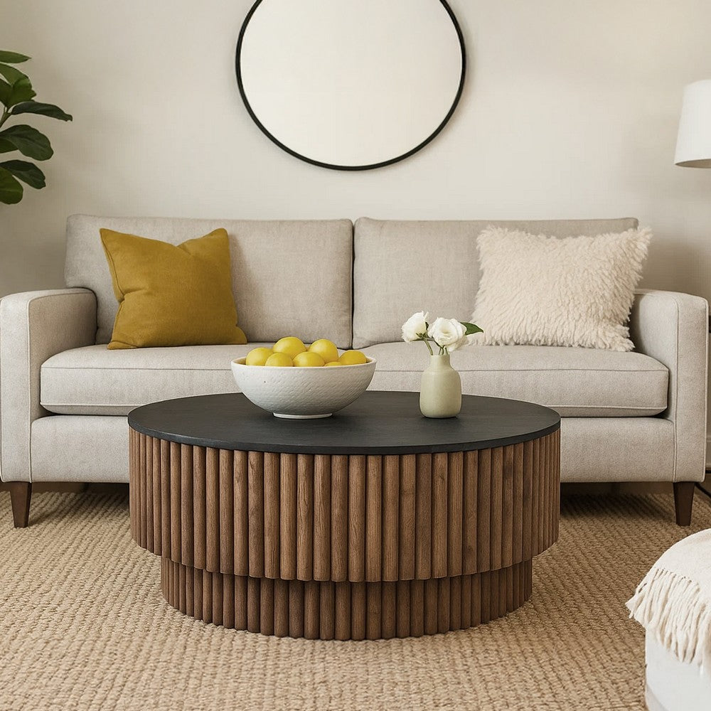 Montoya Coffee Table | 34" Round Black Top | Brown Mango Wood Fluted Plinth Base - UPT-329071