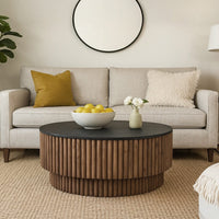 Montoya Coffee Table | 34" Round Black Top | Brown Mango Wood Fluted Plinth Base - UPT-329071