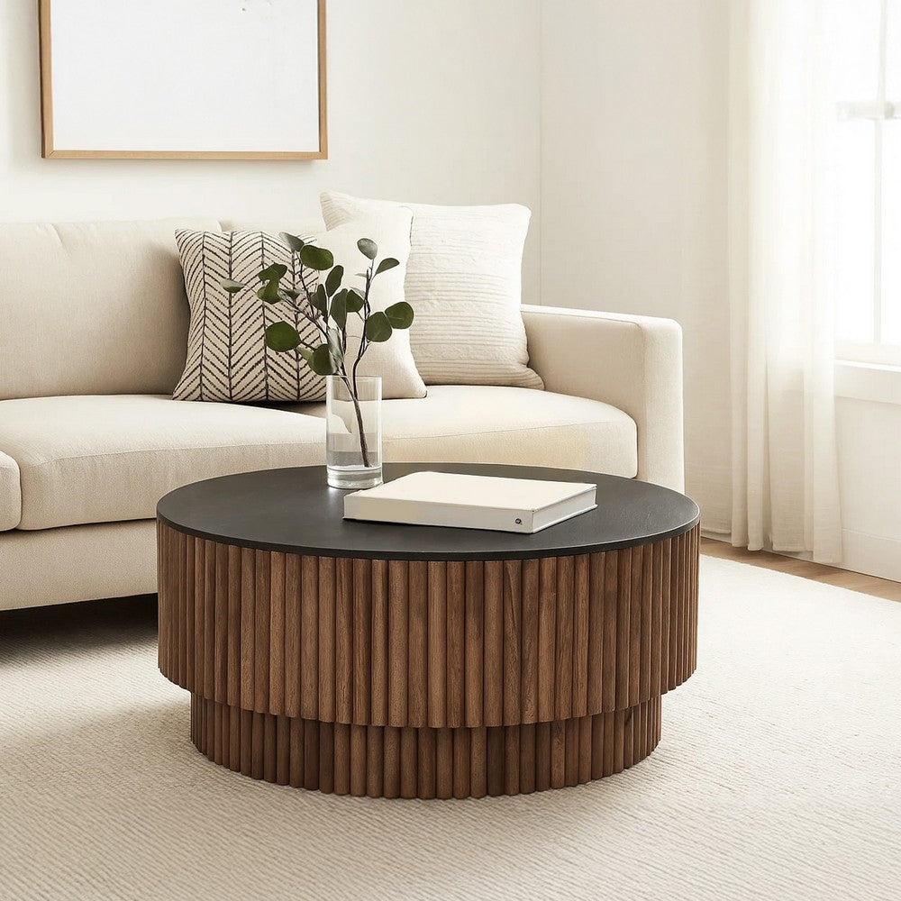 Montoya Coffee Table | 34" Round Black Top | Brown Mango Wood Fluted Plinth Base - UPT-329071