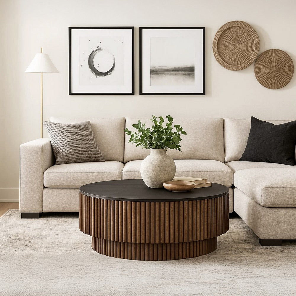 Montoya Coffee Table | 34" Round Black Top | Brown Mango Wood Fluted Plinth Base - UPT-329071
