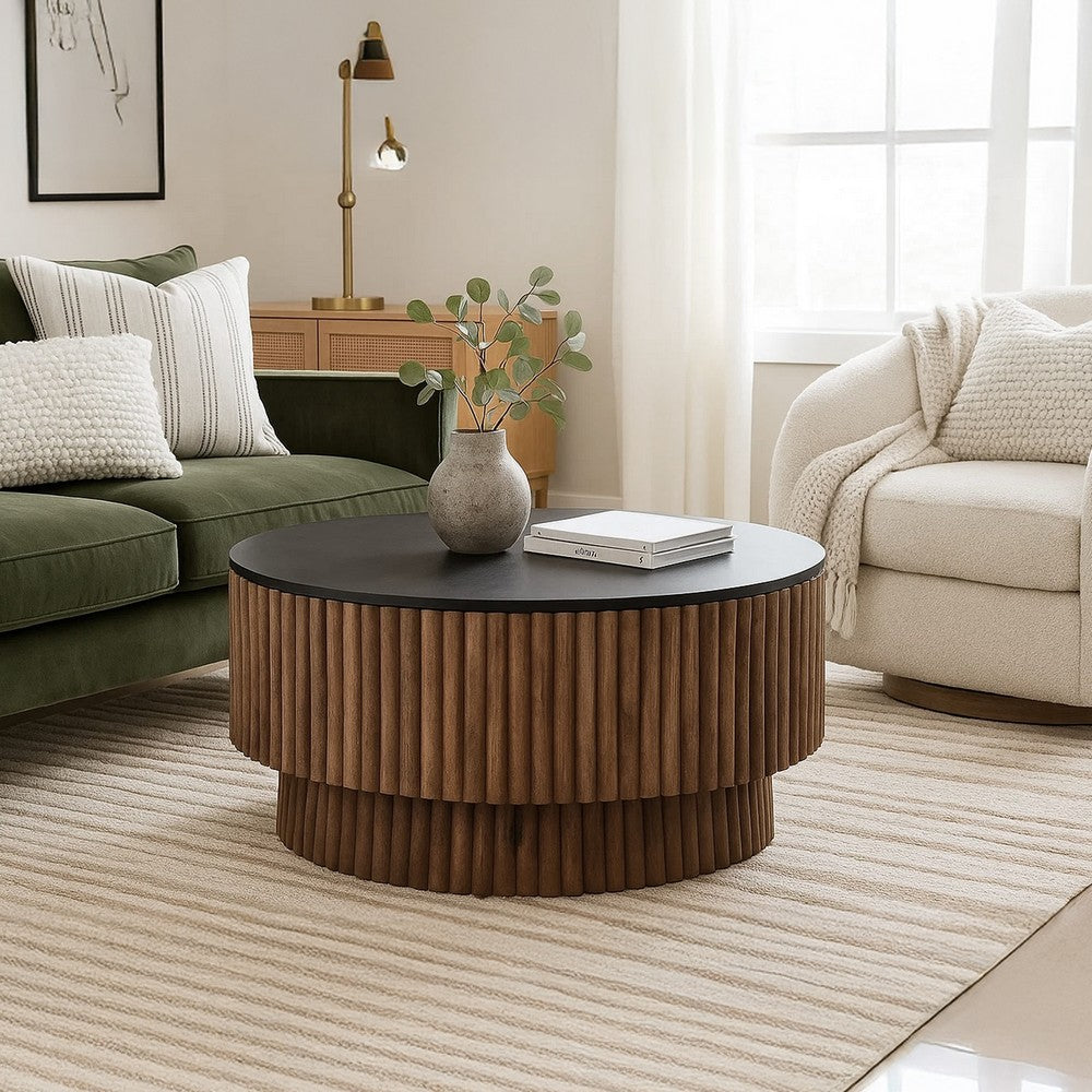 Montoya Coffee Table | 34" Round Black Top | Brown Mango Wood Fluted Plinth Base - UPT-329071