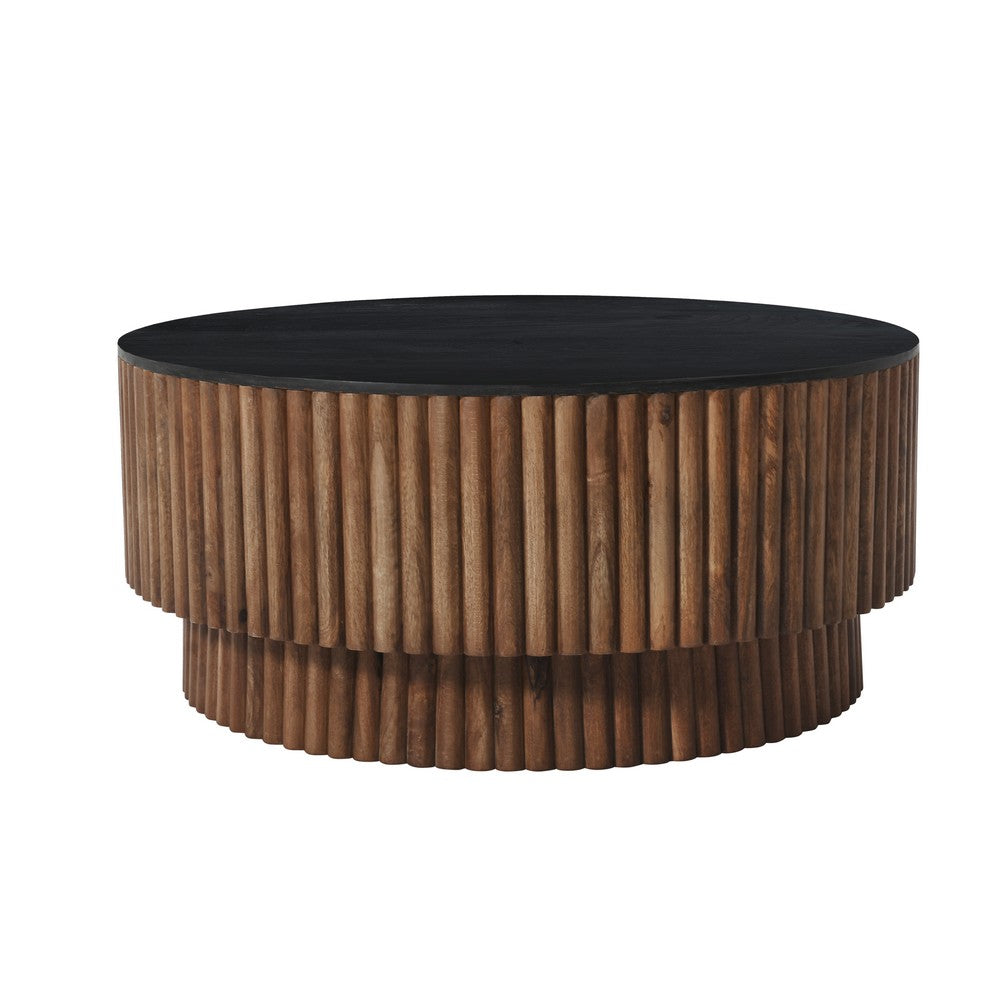 Montoya Coffee Table | 34" Round Black Top | Brown Mango Wood Fluted Plinth Base - UPT-329071