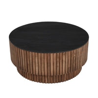 Montoya Coffee Table | 34" Round Black Top | Brown Mango Wood Fluted Plinth Base - UPT-329071