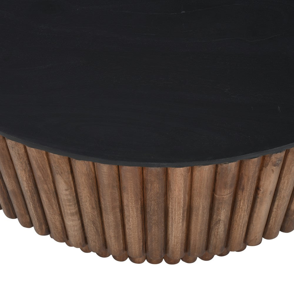 Montoya Coffee Table | 34" Round Black Top | Brown Mango Wood Fluted Plinth Base - UPT-329071