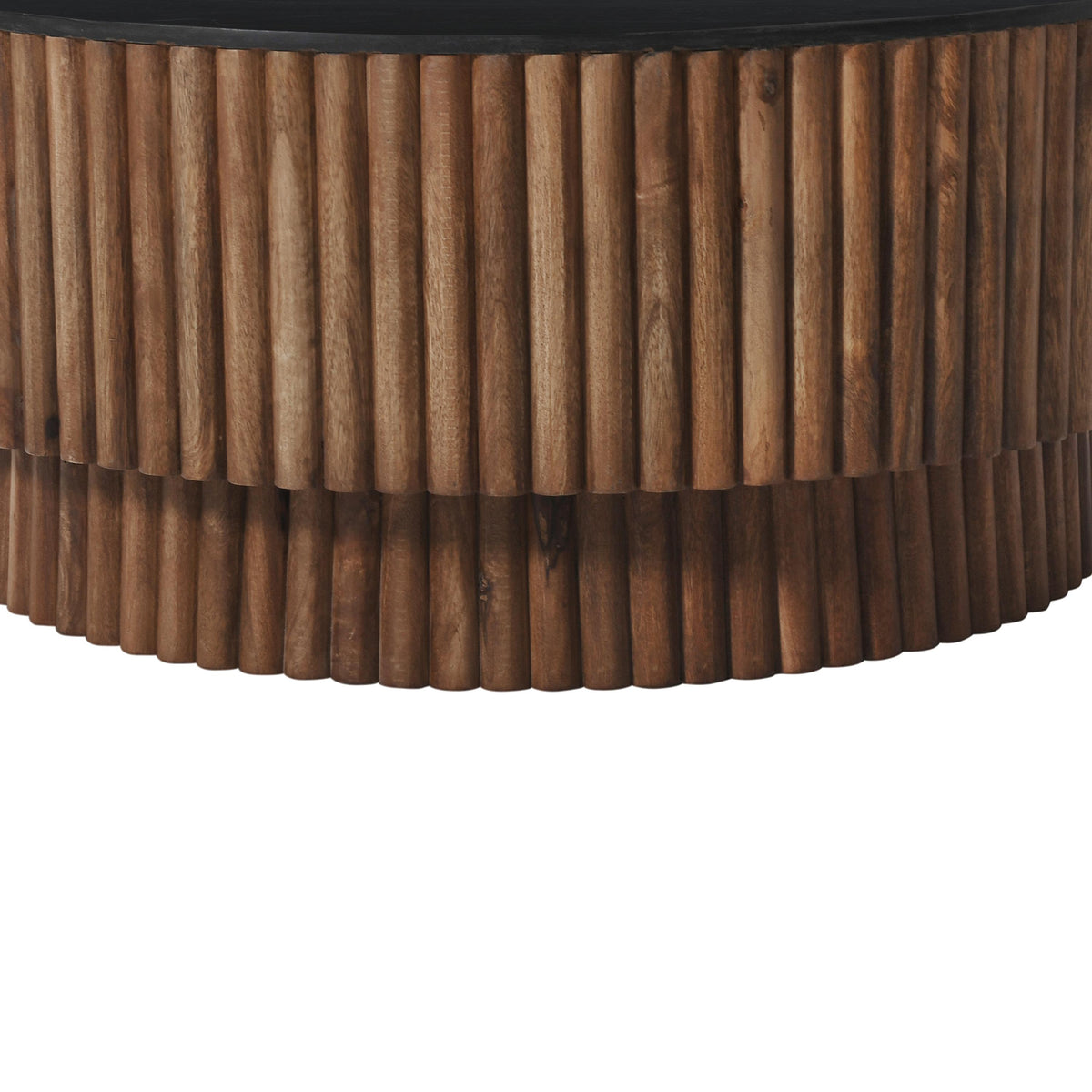 Montoya Coffee Table | 34" Round Black Top | Brown Mango Wood Fluted Plinth Base - UPT-329071