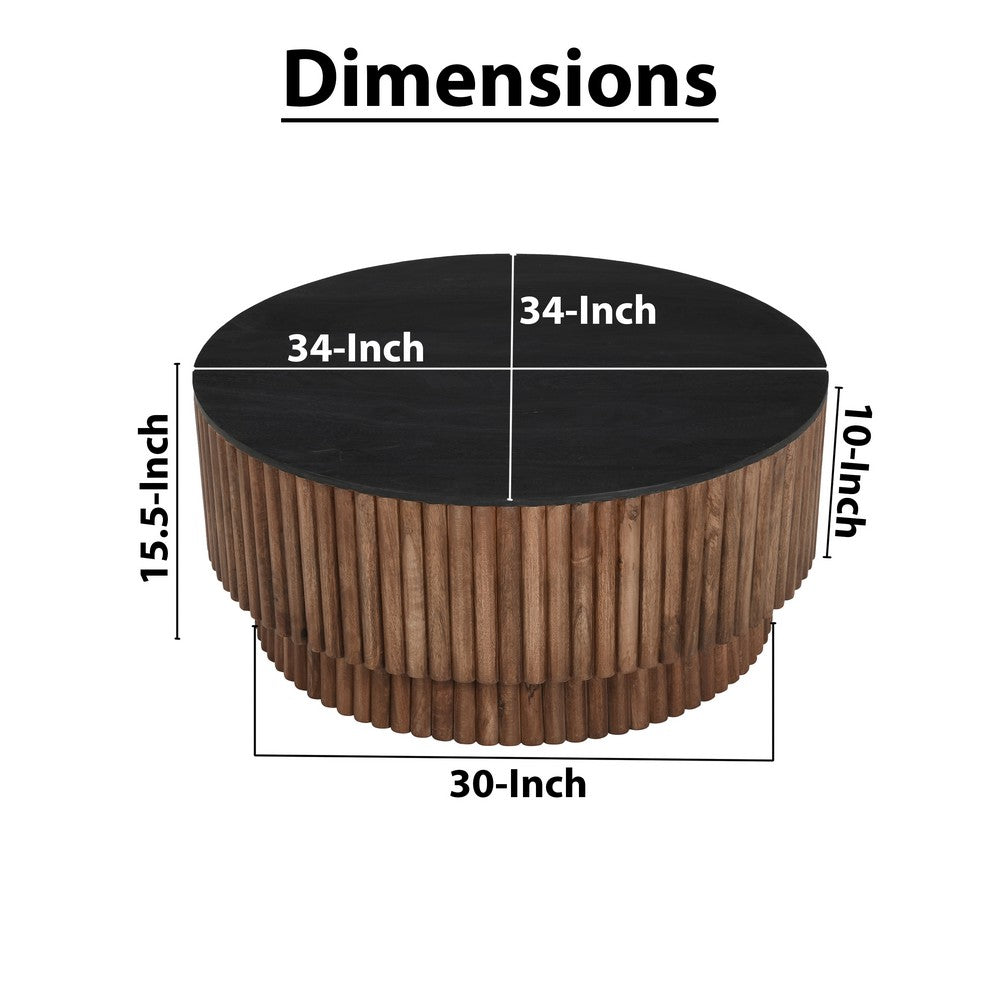 Montoya Coffee Table | 34" Round Black Top | Brown Mango Wood Fluted Plinth Base - UPT-329071