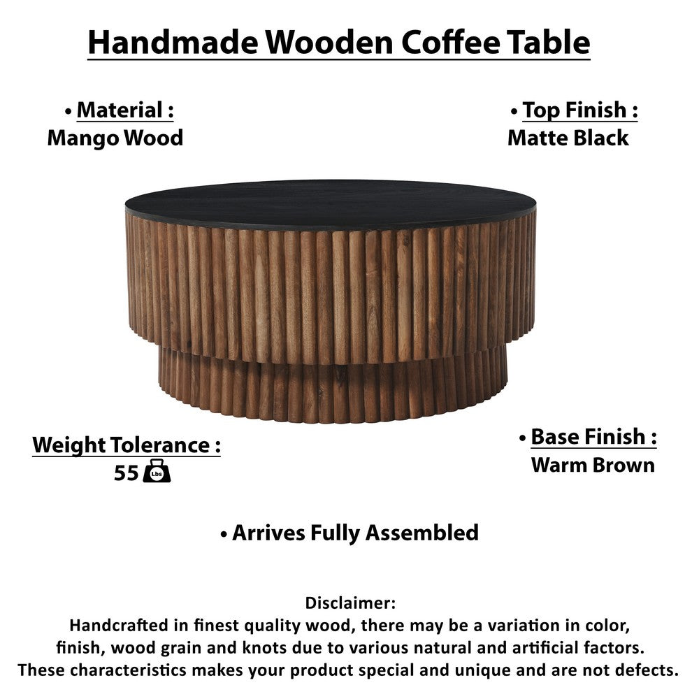 Montoya Coffee Table | 34" Round Black Top | Brown Mango Wood Fluted Plinth Base - UPT-329071