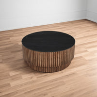 Montoya Coffee Table | 34" Round Black Top | Brown Mango Wood Fluted Plinth Base - UPT-329071
