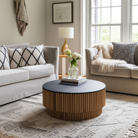 Montoya Coffee Table | 34" Round Black Top | Brown Mango Wood Fluted Plinth Base - UPT-329071