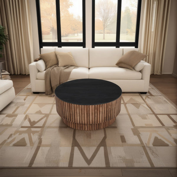 Montoya Coffee Table | 34" Round Black Top | Brown Mango Wood Fluted Plinth Base - UPT-329071
