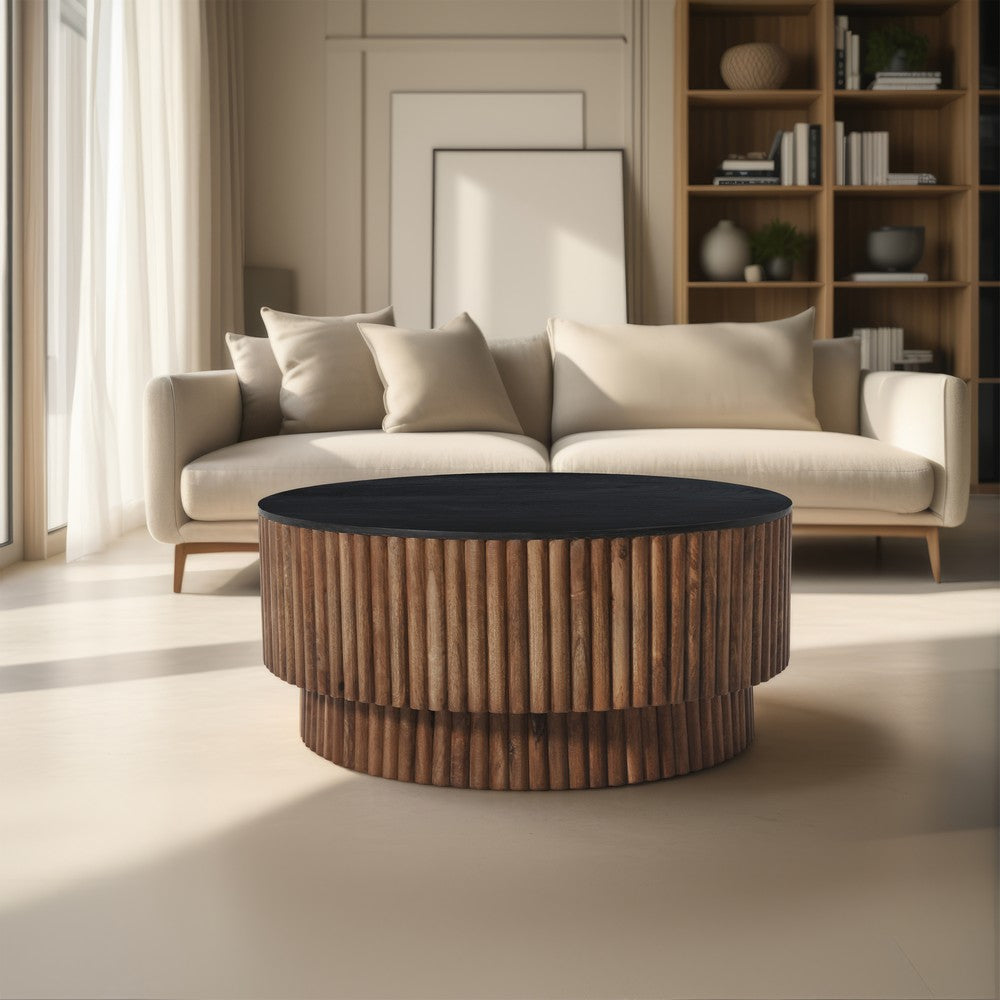 Montoya Coffee Table | 34" Round Black Top | Brown Mango Wood Fluted Plinth Base - UPT-329071