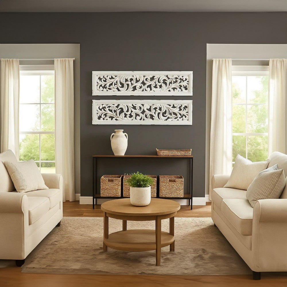 Ozy Carved Wall Art Panel Set of 2, Handcrafted Distressed White Mango Wood, 50 Inch Tall - UPT-330432