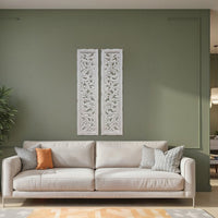 Ozy Carved Wall Art Panel Set of 2, Handcrafted Distressed White Mango Wood, 50 Inch Tall - UPT-330432