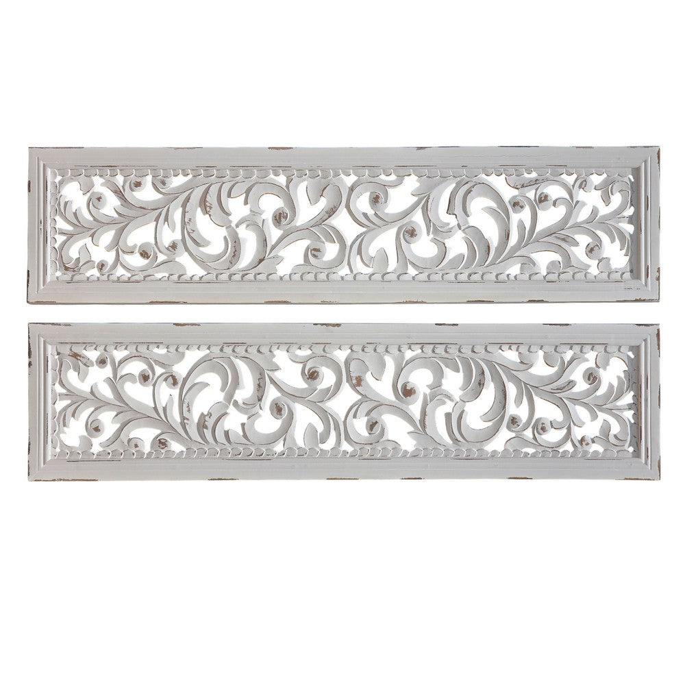 Ozy Carved Wall Art Panel Set of 2, Handcrafted Distressed White Mango Wood, 50 Inch Tall - UPT-330432