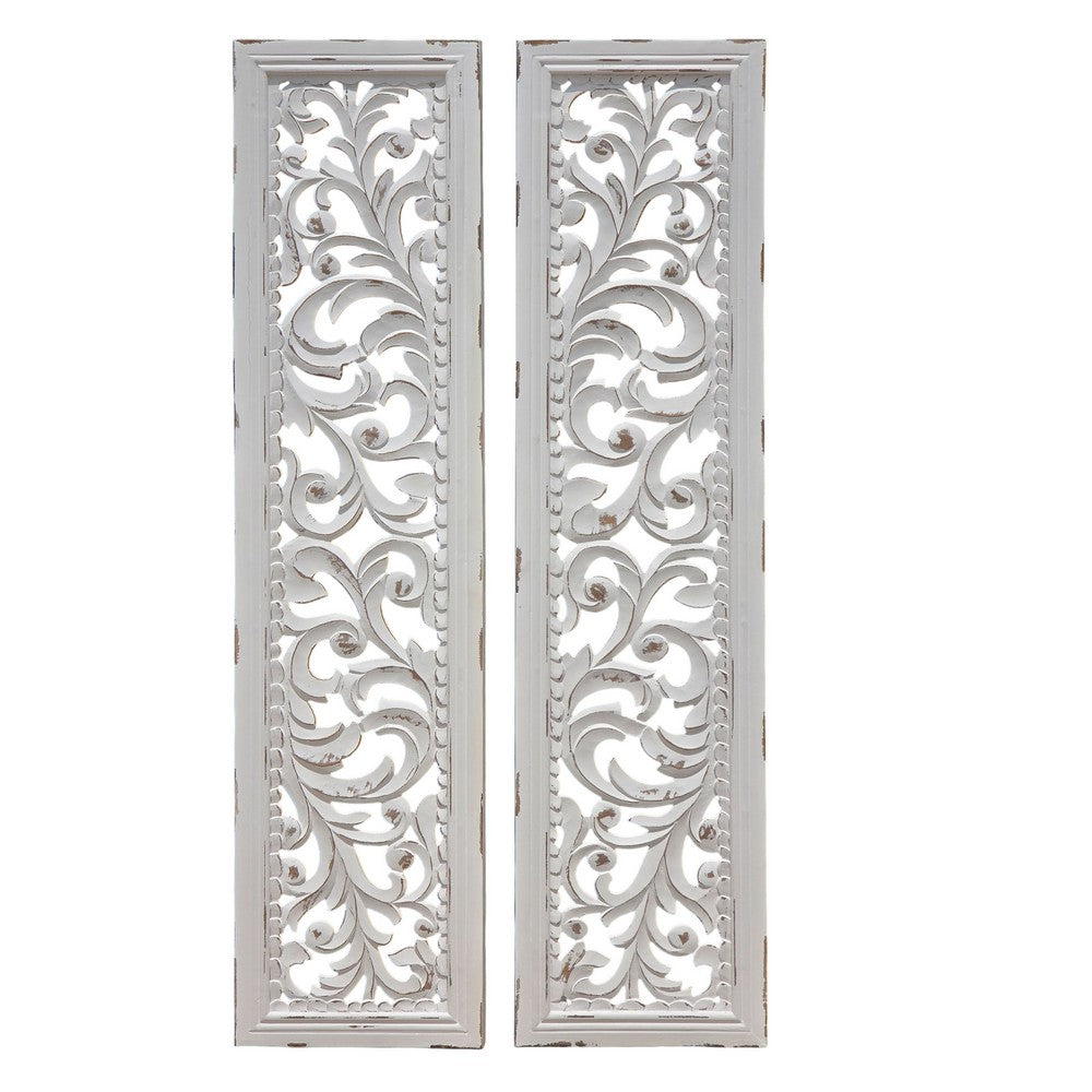 Ozy Carved Wall Art Panel Set of 2, Handcrafted Distressed White Mango Wood, 50 Inch Tall - UPT-330432