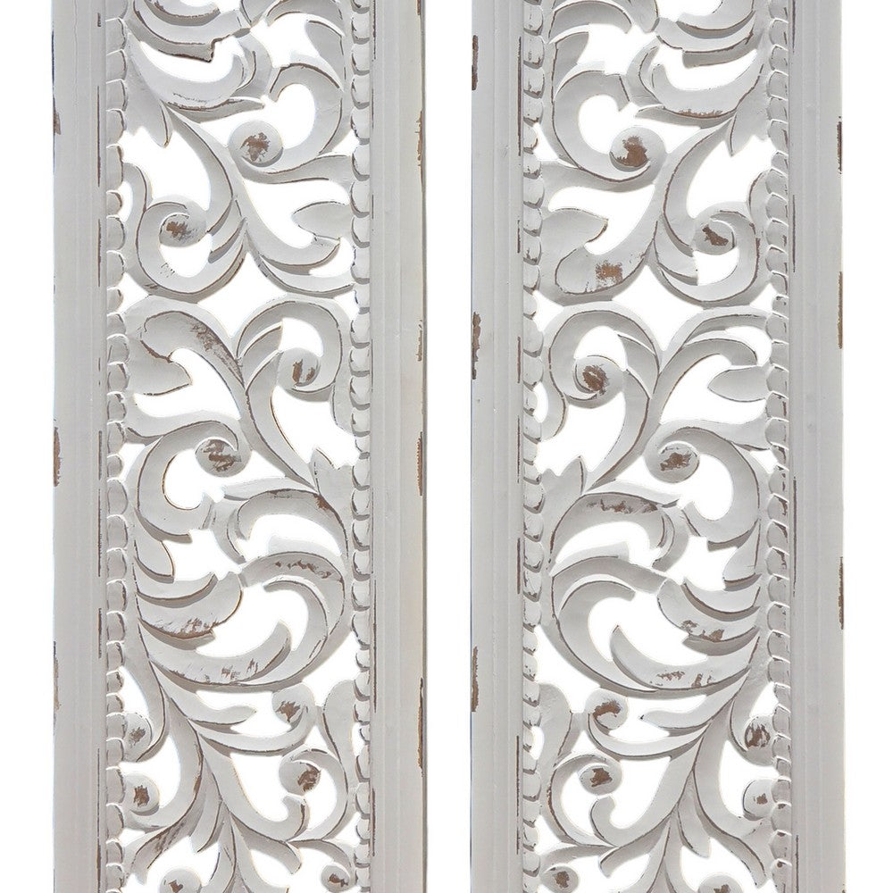 Ozy Carved Wall Art Panel Set of 2, Handcrafted Distressed White Mango Wood, 50 Inch Tall - UPT-330432