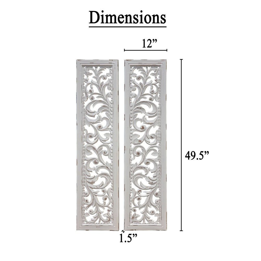 Ozy Carved Wall Art Panel Set of 2, Handcrafted Distressed White Mango Wood, 50 Inch Tall - UPT-330432