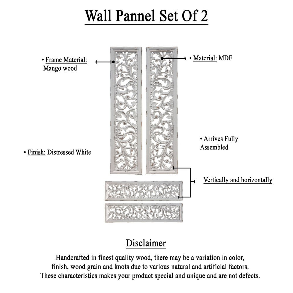 Ozy Carved Wall Art Panel Set of 2, Handcrafted Distressed White Mango Wood, 50 Inch Tall - UPT-330432