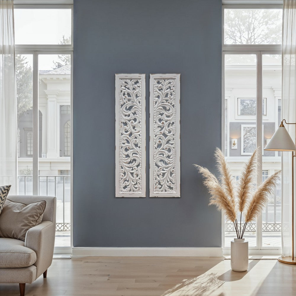 Ozy Carved Wall Art Panel Set of 2, Handcrafted Distressed White Mango Wood, 50 Inch Tall - UPT-330432