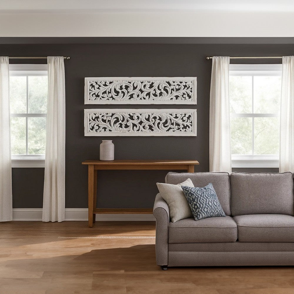 Ozy Carved Wall Art Panel Set of 2, Handcrafted Distressed White Mango Wood, 50 Inch Tall - UPT-330432