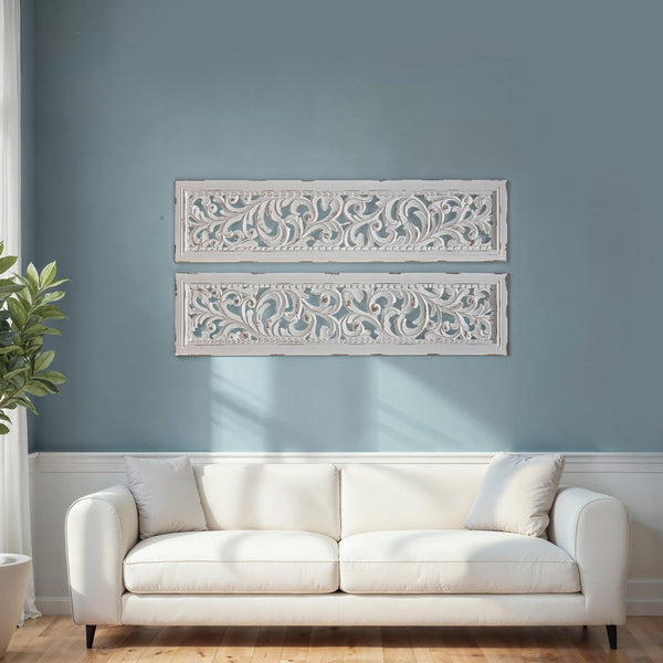 Ozy Carved Wall Art Panel Set of 2, Handcrafted Distressed White Mango Wood, 50 Inch Tall - UPT-330432