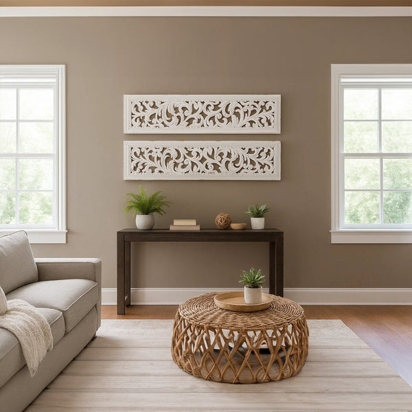 Ozy Carved Wall Art Panel Set of 2, Handcrafted Distressed White Mango Wood, 50 Inch Tall - UPT-330432