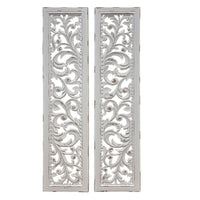 Ozy Carved Wall Art Panel Set of 2, Handcrafted Distressed White Mango Wood, 50 Inch Tall - UPT-330432