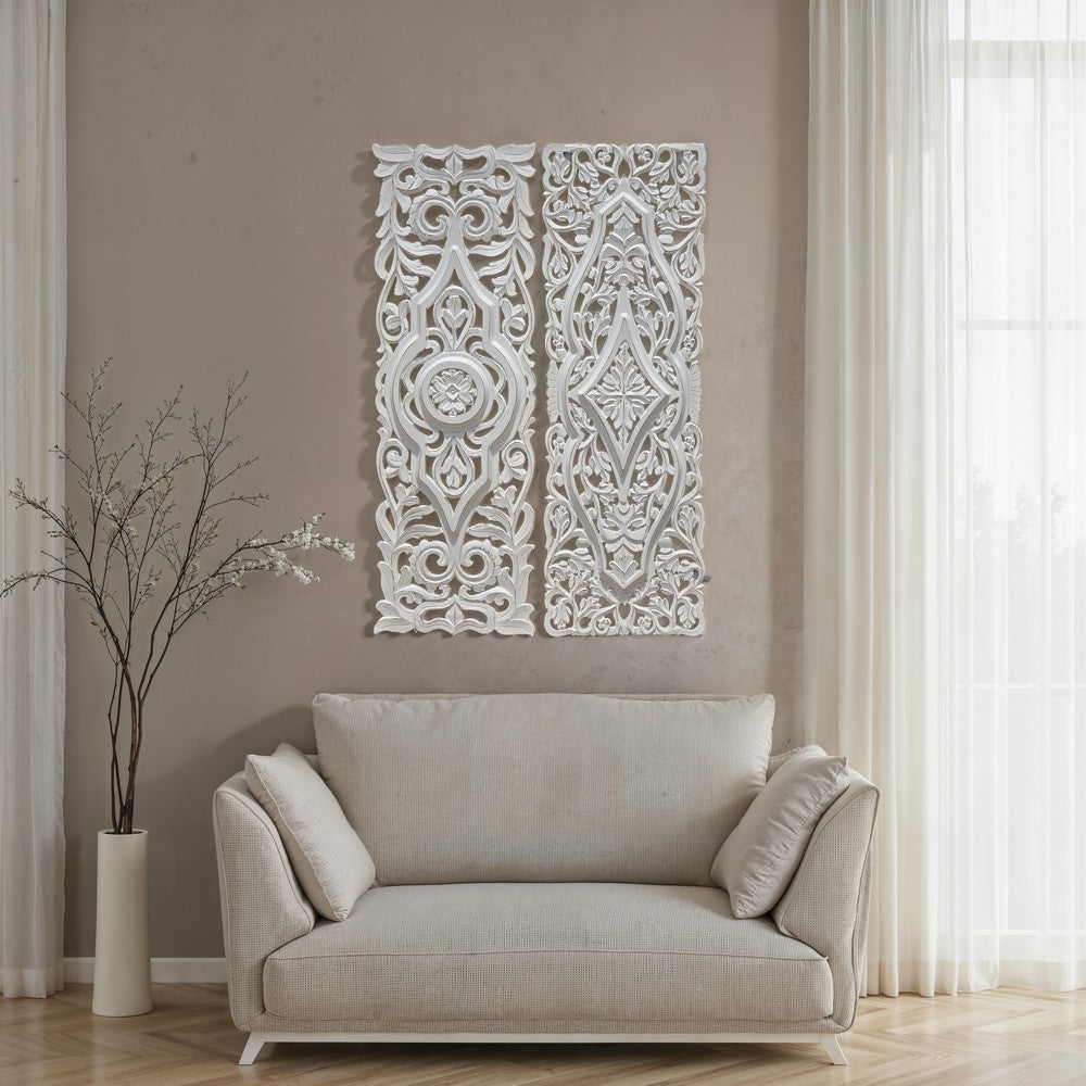 Ozy Carved Wall Art Panel Set of 2 | Handcrafted Ornate Decor | Distressed White Wood, 16x48 - UPT-330433