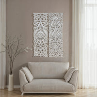 Ozy Carved Wall Art Panel Set of 2 | Handcrafted Ornate Decor | Distressed White Wood, 16x48 - UPT-330433