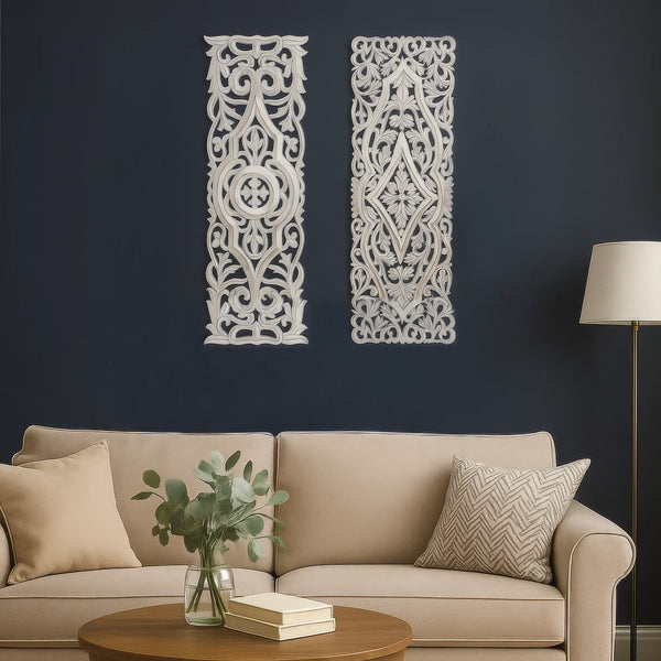 Ozy Carved Wall Art Panel Set of 2 | Handcrafted Ornate Decor | Distressed White Wood, 16x48 - UPT-330433
