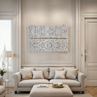Ozy Carved Wall Art Panel Set of 2 | Handcrafted Ornate Decor | Distressed White Wood, 16x48 - UPT-330433