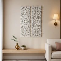 Ozy Carved Wall Art Panel Set of 2 | Handcrafted Ornate Decor | Distressed White Wood, 16x48 - UPT-330433