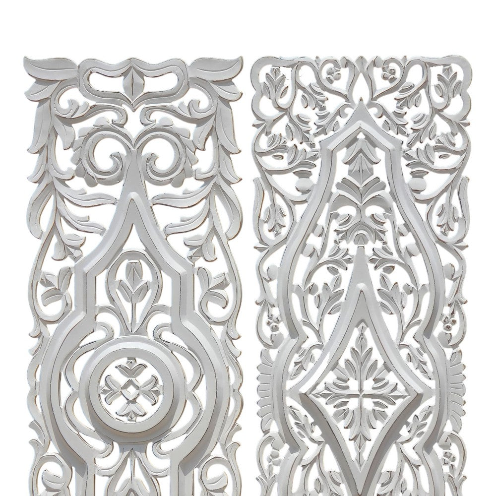 Ozy Carved Wall Art Panel Set of 2 | Handcrafted Ornate Decor | Distressed White Wood, 16x48 - UPT-330433