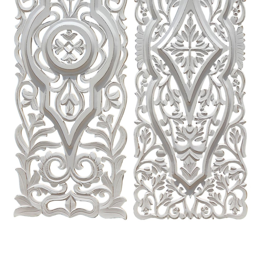 Ozy Carved Wall Art Panel Set of 2 | Handcrafted Ornate Decor | Distressed White Wood, 16x48 - UPT-330433
