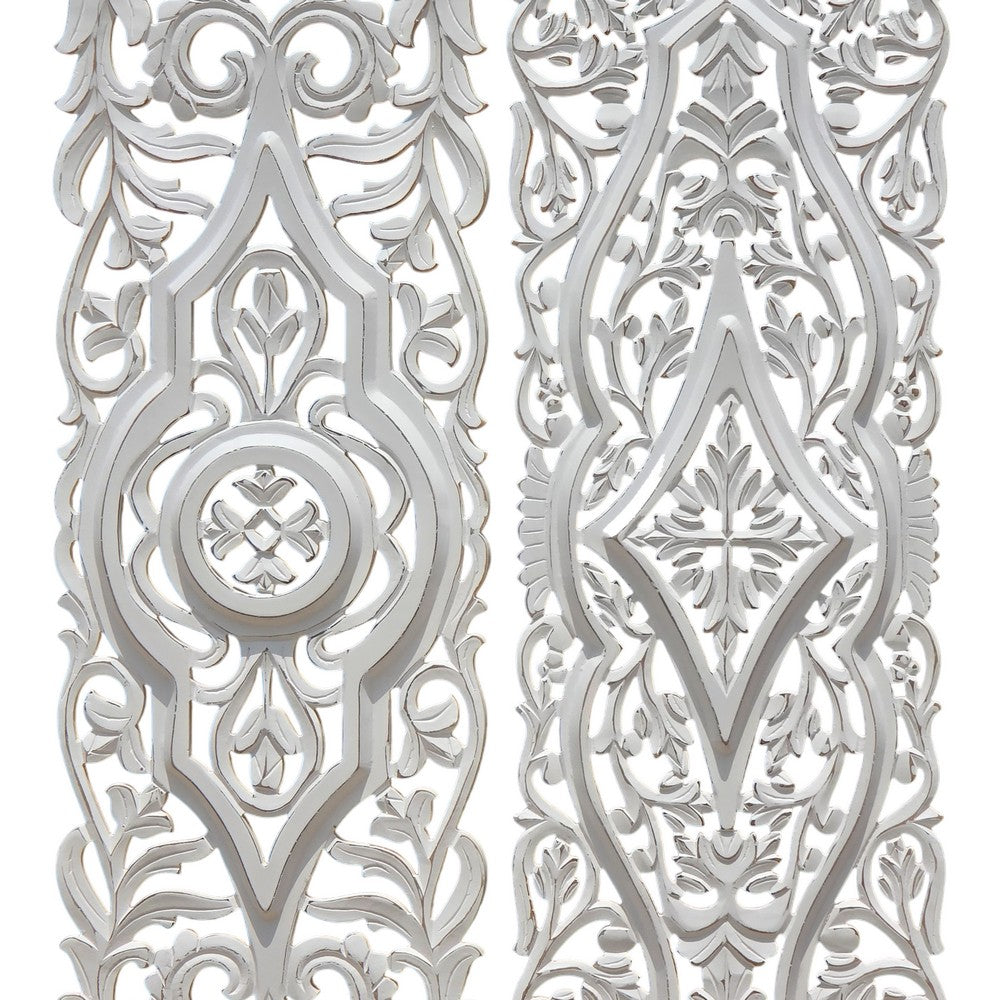 Ozy Carved Wall Art Panel Set of 2 | Handcrafted Ornate Decor | Distressed White Wood, 16x48 - UPT-330433
