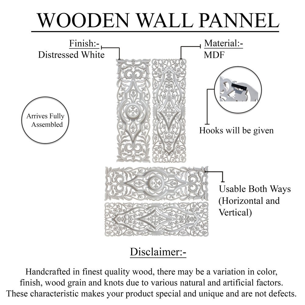 Ozy Carved Wall Art Panel Set of 2 | Handcrafted Ornate Decor | Distressed White Wood, 16x48 - UPT-330433