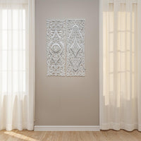 Ozy Carved Wall Art Panel Set of 2 | Handcrafted Ornate Decor | Distressed White Wood, 16x48 - UPT-330433