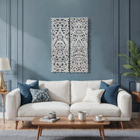Ozy Carved Wall Art Panel Set of 2 | Handcrafted Ornate Decor | Distressed White Wood, 16x48 - UPT-330433