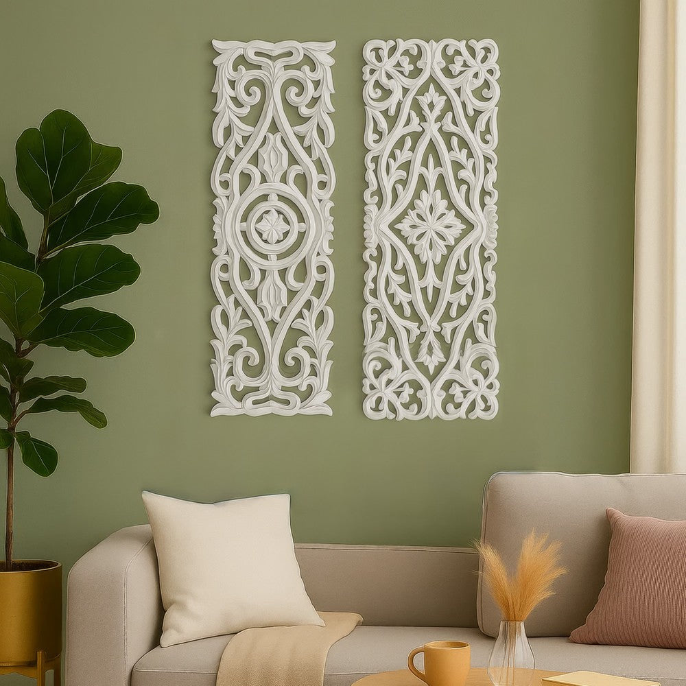 Ozy Carved Wall Art Panel Set of 2 | Handcrafted Ornate Decor | Distressed White Wood, 16x48 - UPT-330433