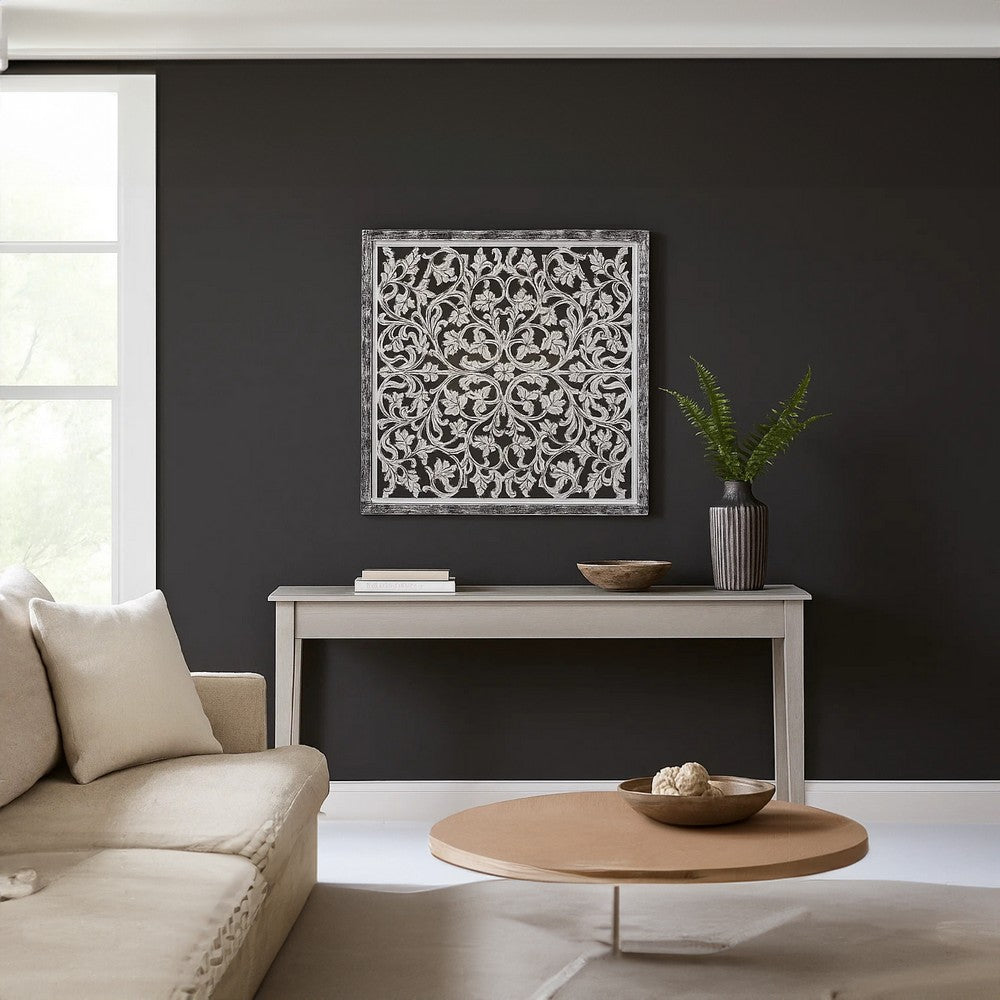 Ozy Carved Mango Wood Wall Decor| 36 Inch Square I Handcrafted Distressed Black & White  - UPT-330434