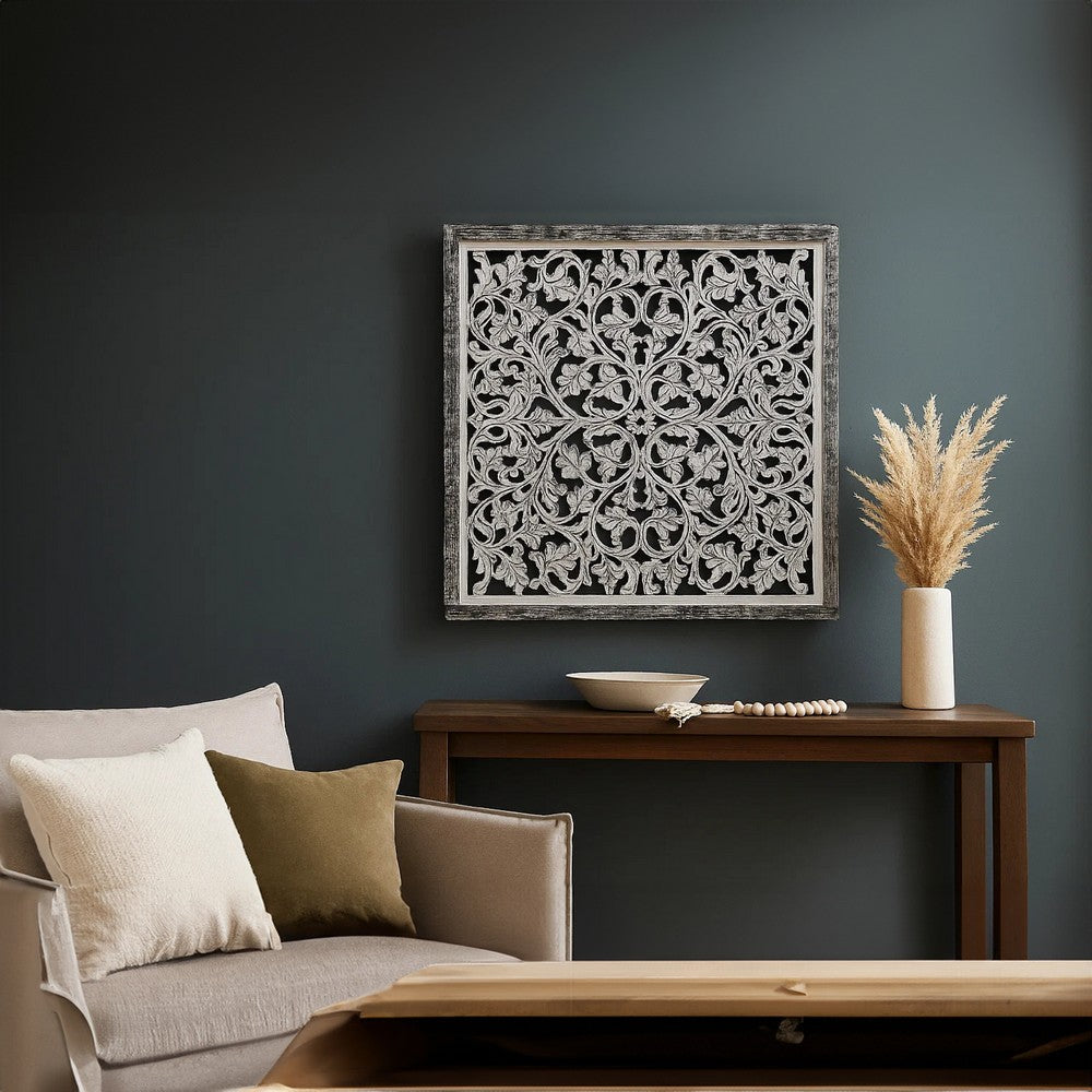 Ozy Carved Mango Wood Wall Decor| 36 Inch Square I Handcrafted Distressed Black & White  - UPT-330434