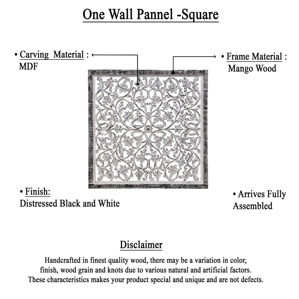 Ozy Carved Mango Wood Wall Decor| 36 Inch Square I Handcrafted Distressed Black & White  - UPT-330434