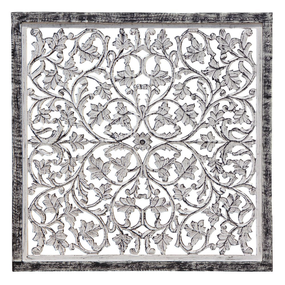 Ozy Carved Mango Wood Wall Decor| 36 Inch Square I Handcrafted Distressed Black & White  - UPT-330434